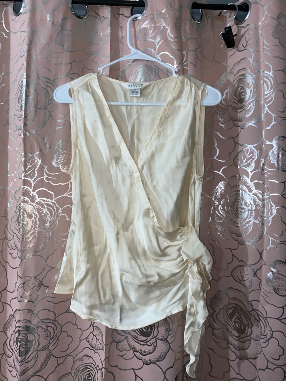 Allison Taylor 100% Silk Cream Sleeveless Draped Faux Wrap Blouse Tank Top